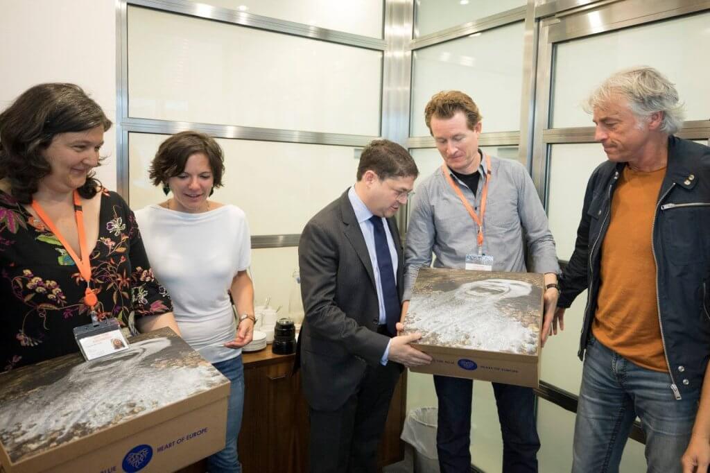 Handing over sigantures as part of Patagonia Save the Blue Heart of Europe Campaign