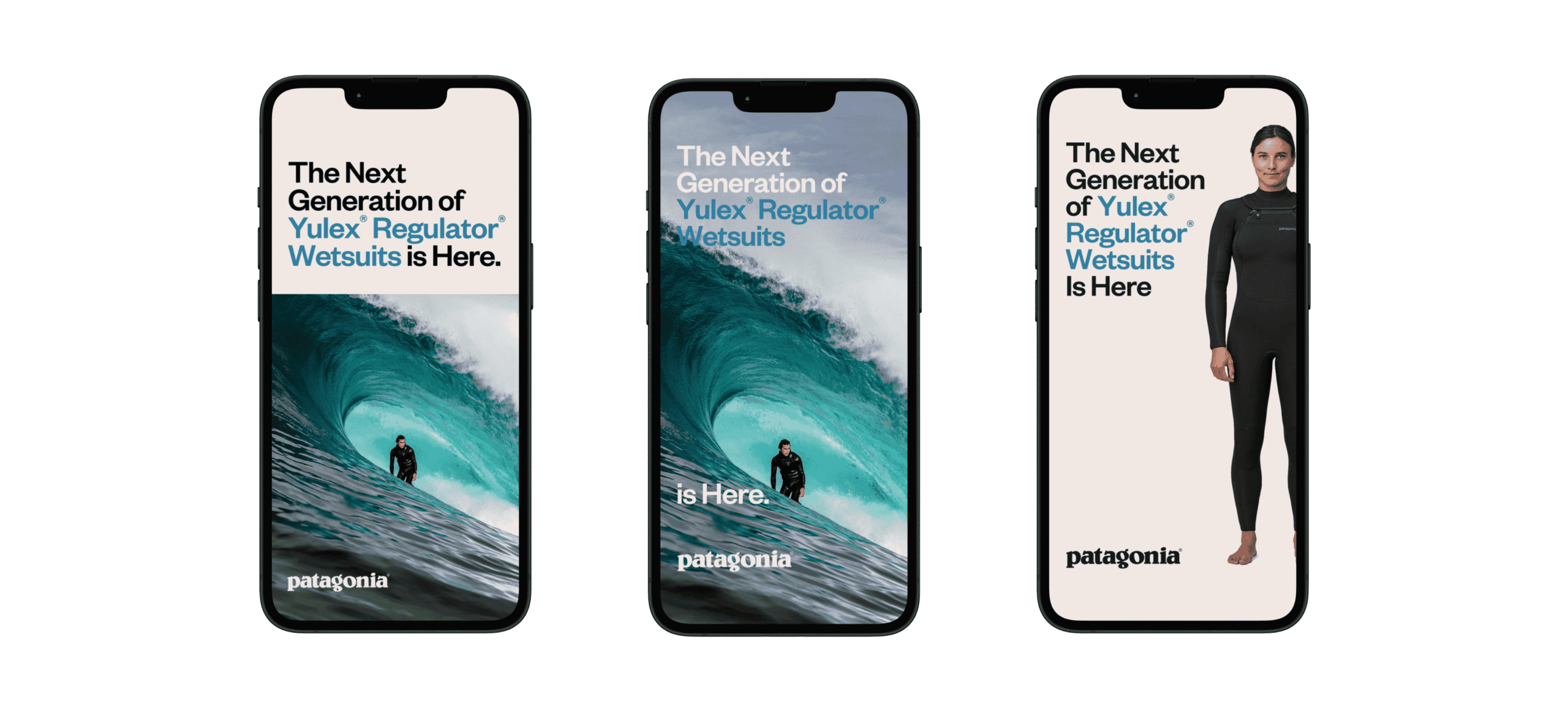 Social media ad previews for Patagonia Yulex campaign